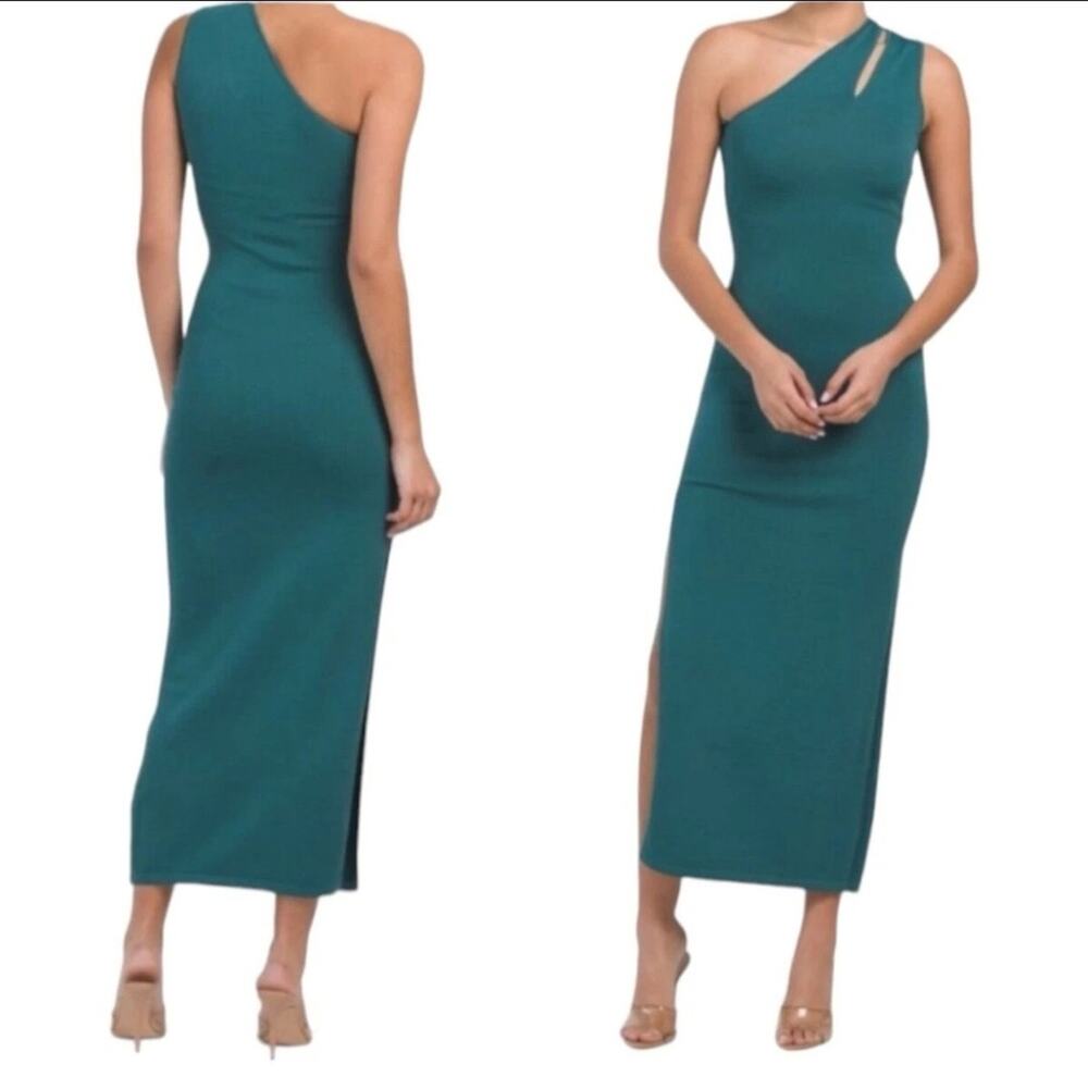 Torn By Ronny Kobo Fina Bodycon Knit Marina Teal One Shoulder Slit Maxi Dress S
